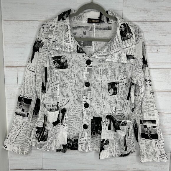 Ki Meng Womens Black and White Newspaper Print Jacket Size Medium Button Closure - Picture 1 of 10